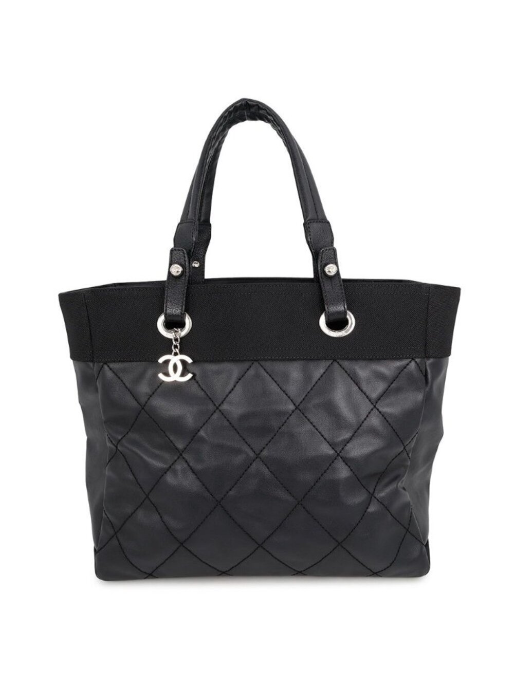 Chanel Tote Bag Paris Biarritz MM Quilted Coco Charm Black